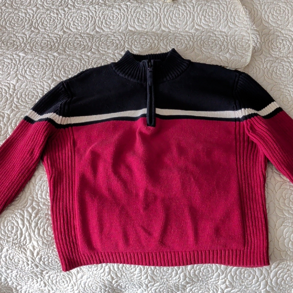 XL, St John's Bay Women's Red And Blue Half-Zip Sweater With White Stripe